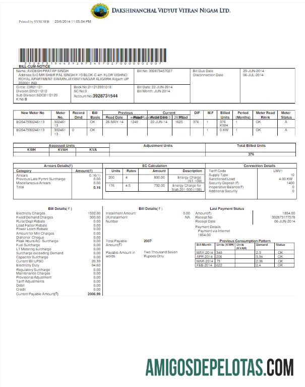 Em branco modelo Word e PDF de conta de serviços públicos da ÍNDIA DVVNL